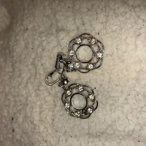 Sarah Cov Vintage Silver T Dangle Flower Filigree Rhinestone Clip Earrings